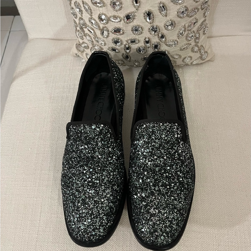 💎JIMMY CHOO Metallic Loafers.  Size US 7/IT 37.5. Black&Metallic - Picture 3 of 12